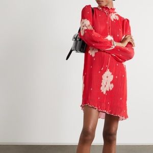 GANNI Ruffled Floral Plisse Georgette Mini Dress